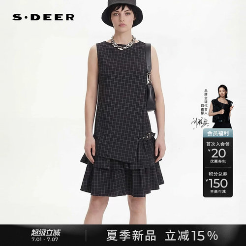 sdeer潮酷风圆领抽褶无袖连衣裙
