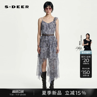 sdeer圣迪奥女装26年夏季新品不对称印花荷叶边吊带雪纺连衣裙