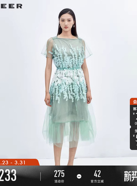 sdeer圣迪奥夏季碎花连衣裙女绣花网纱收腰少女裙子S223Z1236