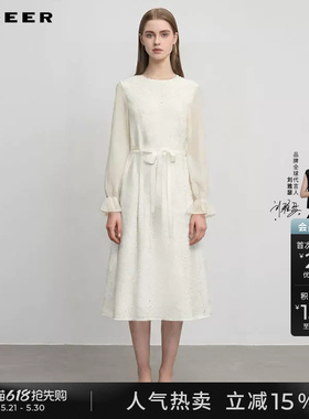 sdeer圣迪奥秋冬季女装优雅圆领收腰网纱拼接连衣裙S244Z12B3