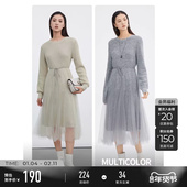 sdeer圣迪奥春秋装 女装 收腰网纱针织两件套连衣裙S223Z128M