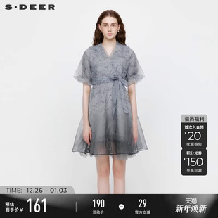 长裙S223Z12F7 碎花连衣裙V领收腰网纱泡泡袖 sdeer圣迪奥秋装 女装