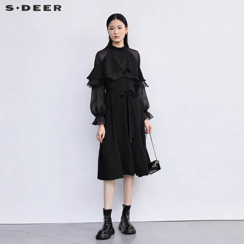 s.deer网纱收腰不规则长袖连衣裙