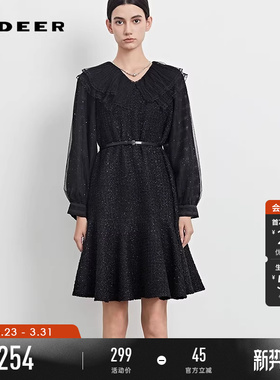 sdeer圣迪奥春秋装女装V领荷叶边收腰网纱毛呢连衣裙S233Z12T1