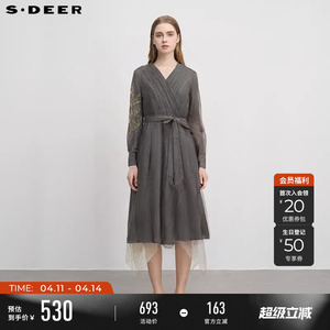 sdeer圣迪奥2025秋装女装风琴褶收腰绣花网纱连衣裙S24381202