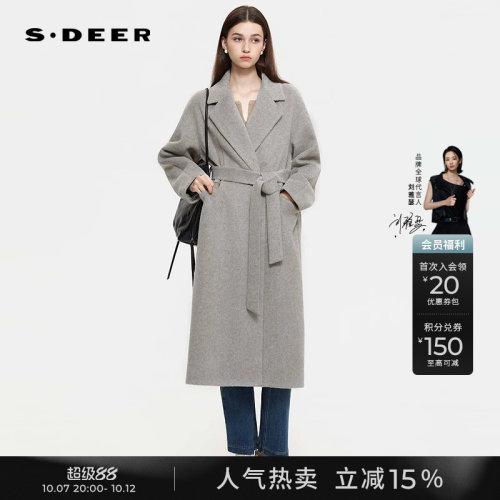 sdeerOL风西装领收腰毛呢长大衣