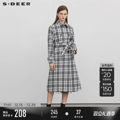 sdeer翻领收腰撞色格纹毛呢大衣