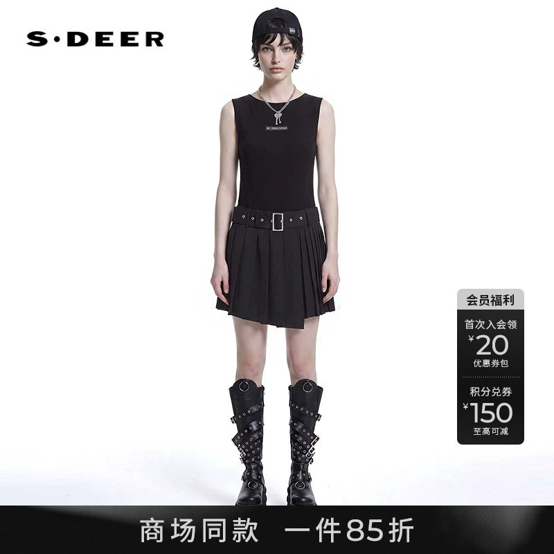 【商场同款】sdeer圣迪奥女26年新品圆领字母收腰百褶无袖连衣裙