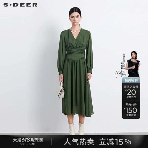 s.deer压褶垂坠雪纺长袖连衣裙