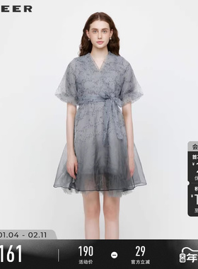 sdeer圣迪奥春秋女装碎花连衣裙V领收腰网纱泡泡袖长裙S223Z12F7