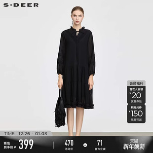 sdeer圣迪奥女装 连衣裙S25361201 25年秋木耳边圆领花边泡泡袖