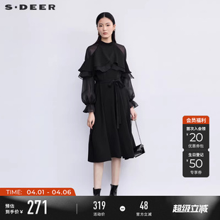圆领网纱收腰不规则长袖 连衣裙S223Z128U 女装 sdeer圣迪奥春秋装