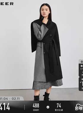 sdeer圣迪奥女装春秋装不规则领撞色收腰毛呢长款大衣S223Z2505