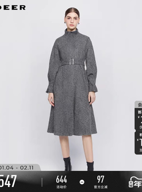 sdeer圣迪奥冬装女装立领收腰暗条纹长款毛呢大衣S244Z2507