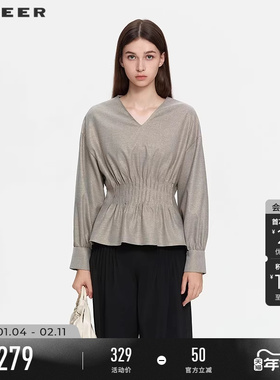 sdeer圣迪奥女装25年新品OL风V领压褶落肩袖衬衫S253Z0534