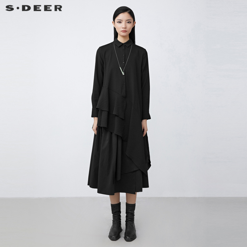 sdeer翻领拼接不规则长袖黑衬衫
