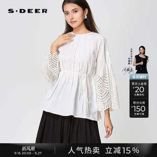 sdeer圣迪奥女装夏装圆领风琴褶收腰绣花喇叭袖衬衫上衣S252Z3211