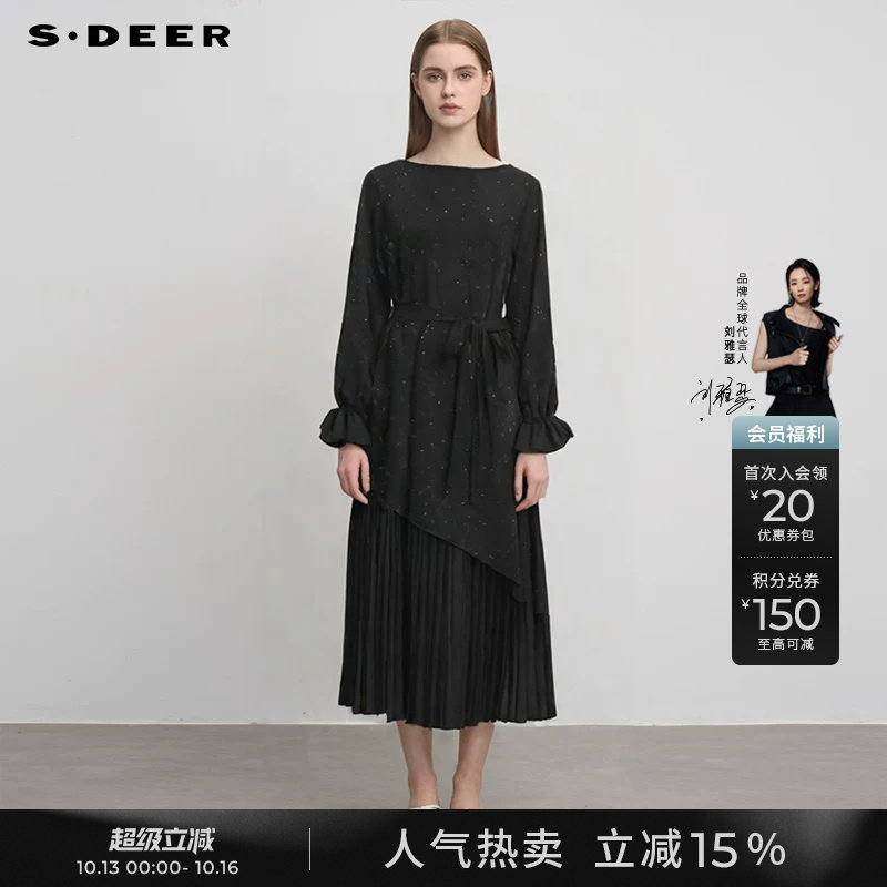 sdeer圣迪奥秋冬季女装法式圆领收腰压褶拼接连衣裙S244Z1217