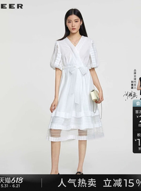 sdeer圣迪奥夏季女装V领收腰网纱泡泡袖连衣裙S232Z1205