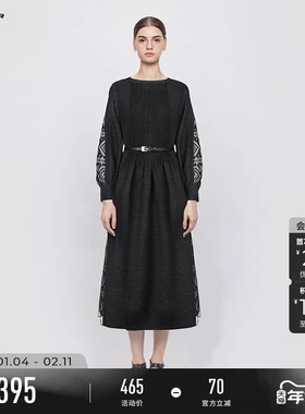 sdeer圣迪奥冬季女装圆领风琴褶收腰印花网纱连衣裙S244Z1263