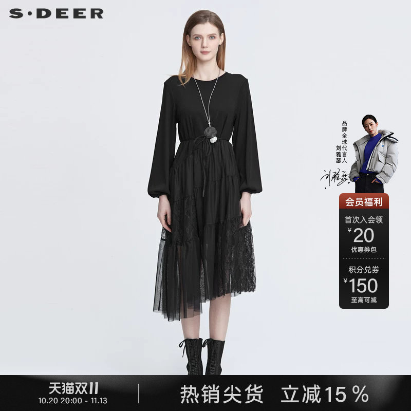 sdeer圣迪奥春装女装圆领收腰网纱蕾丝灯笼袖黑色连衣裙S22181207