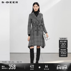 sdeer圣迪奥女装秋冬外套领格纹收腰千金毛呢长款大衣S22482513