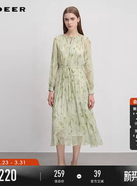sdeer圣迪奥女装春秋装圆领风琴褶收腰印花长袖连衣裙S243Z1205