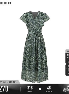 sdeer圣迪奥女装V领荷叶边碎花收腰雪纺连衣裙S233Z1273