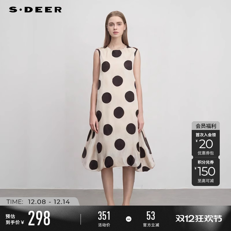 sdeer圆领撞色波点宽松连衣裙