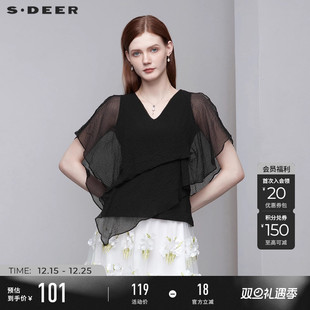 T恤S223Z0114 V领露肩不规则短袖 sdeer圣迪奥雪纺上衣秋装 女装