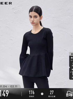 sdeer圣迪奥冬季女装罗纹圆领喇叭袖针织衫S23483501