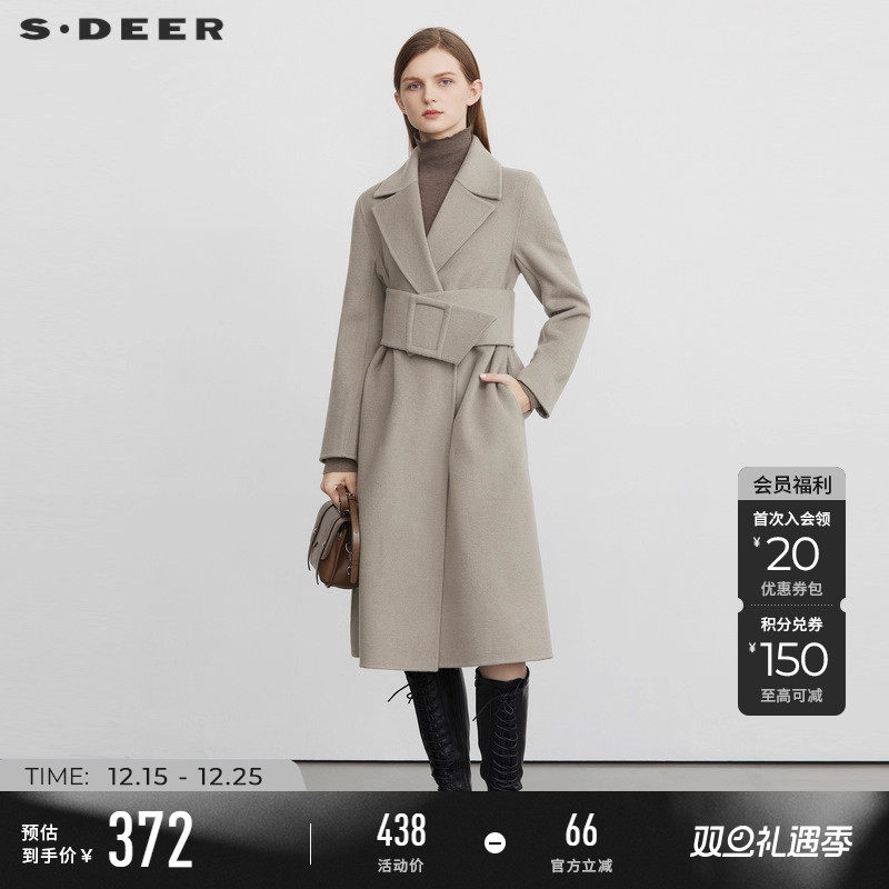 sdeer西装领收腰长款毛呢大衣