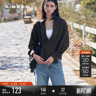 S24160503 OL风翻领斜襟撞色条纹垂坠衬衫 sdeer圣迪奥女装 春装