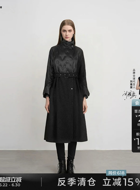 sdeer圣迪奥冬季女装复古立领拼接收腰长款羽绒服S234Z2431