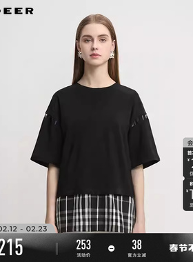 sdeer圣迪奥夏装女装时尚圆领撞色格纹拼接短袖T恤S252Z0107