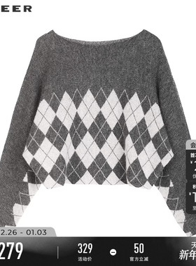 sdeer圣迪奥女装25年新品时尚圆领撞色提花宽松针织衫S253Z3547