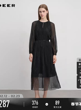 sdeer圣迪奥春秋装女装法式复古圆领收腰网纱连衣裙S243Z1217