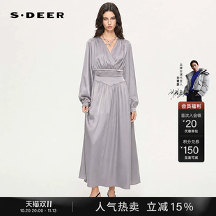 sdeer圣迪奥女装秋季OL风V领压褶拼接雪纺长袖连衣裙