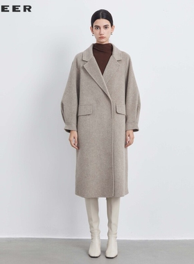 sdeer圣迪奥春秋装女装休闲西装领直筒毛呢长款大衣S233Z2508
