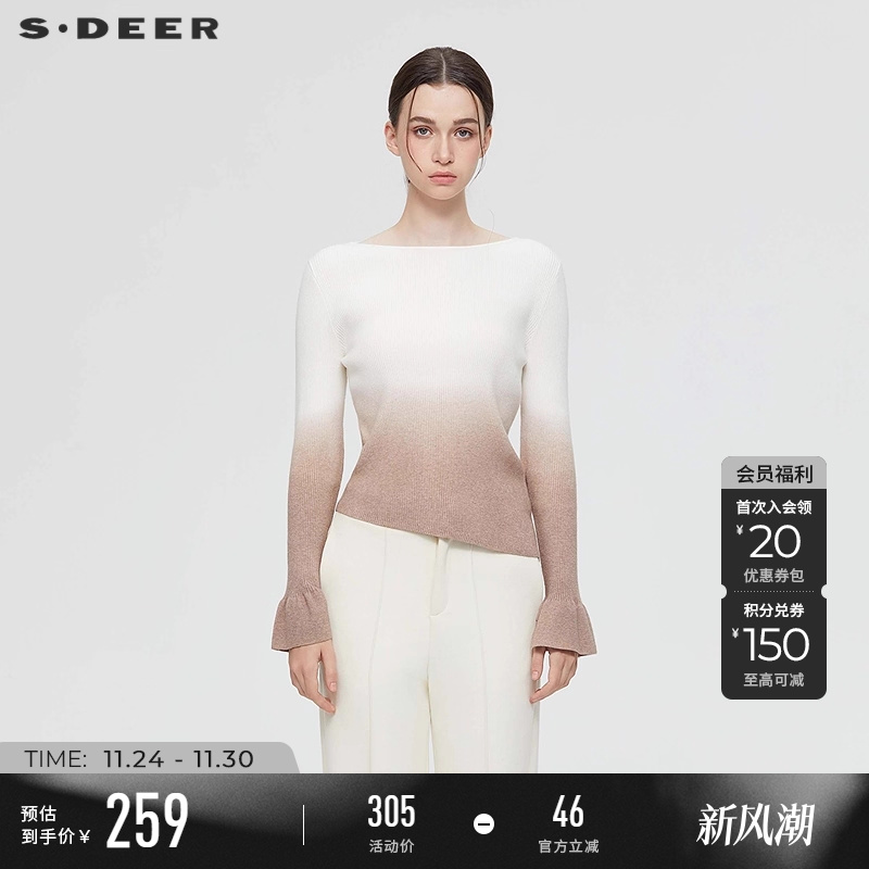 sdeer田园圆领撞色喇叭袖针织衫