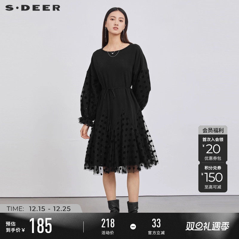 s.deer收腰波点网纱长袖连衣裙