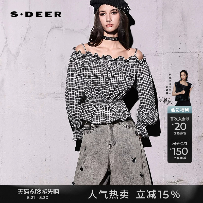 【商场同款】sdeer圣迪奥女复古木耳边格纹收腰露肩上衣S261