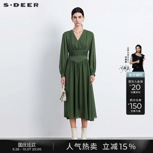 s.deer压褶垂坠雪纺长袖连衣裙