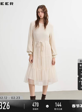 sdeer圣迪奥女装25年新品时尚圆领收腰网纱连衣裙S254Z1201