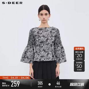 sdeer圣迪奥女装 复古方领印花压褶喇叭袖 衬衫 S233Z0566 春秋装