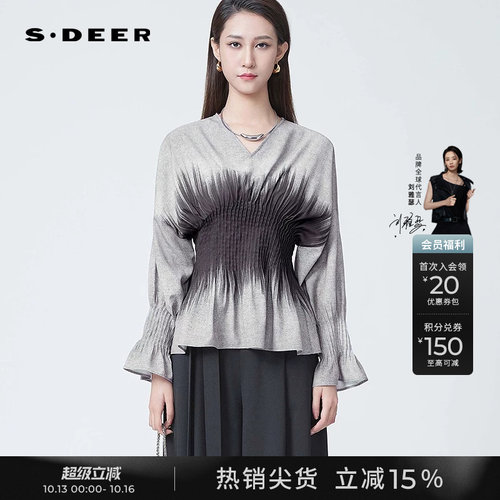 sdeerOL风V领压褶印花不规则衬衫
