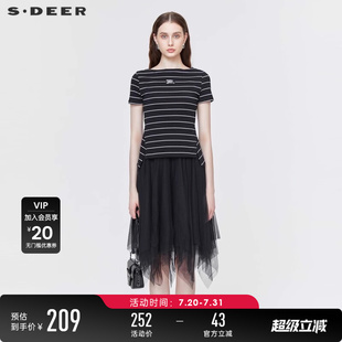 sdeer圣迪奧女夏裝 連衣裙S21281219 條紋印花網紗T恤黑色兩件套裝