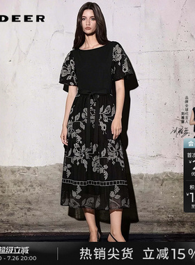 sdeer圣迪奥女装夏季圆领绣花网眼收腰泡泡袖连衣裙S252Z12E2