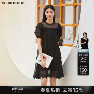 sdeer圣迪奥夏季女装蕾丝圆领网纱泡泡袖连衣裙S23261223