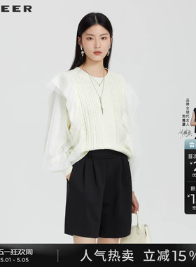 sdeer圣迪奥春装女装罗纹圆领钩花灯笼袖针织衫S231Z3518